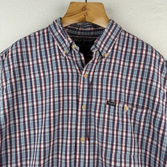 Vintage Polo Sport Ralph Lauren Men's XL Red Blue Plaid Cotton Camp Shirt - Picture 4 of 10